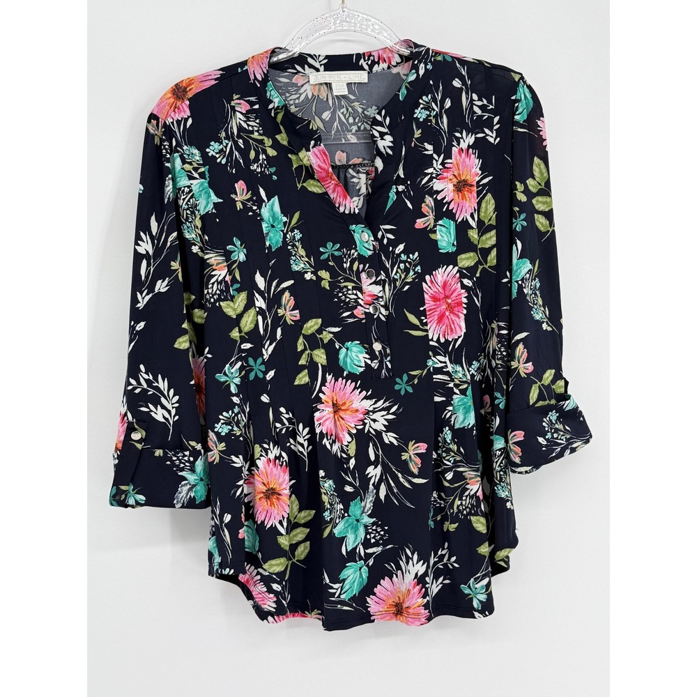 Juniper + Lime Navy Floral Roll Tab Sleeve Blouse Sz PM